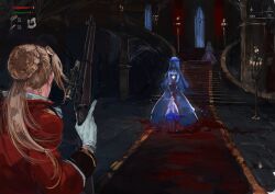 3girls blood bloodborne bolt_action boss_fight bouquet bridal_veil bride castle commentary_request dress eyewear_on_head fake_screenshot flower gameplay_mechanics ghost girls&#039;_frontline gun highres horror_(theme) indoors lee-enfield lee-enfield_(girls&#039;_frontline) long_hair monocle multiple_girls osakana_(denpa_yun&#039;yun) parody red_carpet rifle stairs status_bar trigger_discipline veil weapon wedding_dress