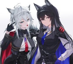 2girls absurdres aiguillette animal_ear_fluff animal_ear_piercing animal_ears arknights arm_strap asymmetrical_gloves belt_pouch black_gloves black_hair black_jacket black_vest blue_gloves blue_necktie breasts buttons cape closed_mouth coat coat_on_shoulders collared_shirt commentary crossed_bangs double-breasted finger_gun finger_gun_to_head gloves gradient_necktie grey_hair hair_between_eyes hair_ornament hairclip hand_on_another&#039;s_shoulder high-waist_skirt highres jacket lappland_(arknights) lappland_the_decadenza_(arknights) large_breasts long_hair long_sidelocks long_sleeves looking_at_viewer mismatched_gloves miya-chan_(lightning0730) multicolored_necktie multiple_girls necktie official_alternate_costume pouch red_cape red_gloves red_necktie scar scar_across_eye scar_on_face shirt sidelocks simple_background single_shoulder_pad skirt straight_hair symbol-only_commentary texas_(arknights) texas_the_omertosa_(arknights) tongue tongue_out two-tone_necktie vest white_background white_shirt wolf_brooch wolf_ears wolf_girl