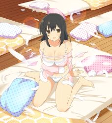 1girl :d arm_support armpit_crease asuka_(senran_kagura) barefoot black_hair blush body_blush bow bow_bra bow_panties bra breasts brown_eyes cleavage collarbone falling_feathers feathers futon hair_down lace lace-trimmed_bra lace-trimmed_panties lace_trim large_breasts lens_flare long_hair looking_at_viewer non-web_source official_art open_mouth panties pillow polka_dot_pillow senran_kagura senran_kagura_new_wave senran_kagura_shoujo-tachi_no_shin&#039;ei sitting smile solo sparkle torn_clothes torn_negligee underwear wariza white_bra white_panties yaegashi_nan