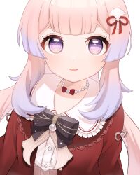 1girl absurdres black_bow black_bowtie blunt_bangs bow bowtie breasts cardigan collar collarbone dokodemonai dot_nose eyelashes frilled_collar frills from_above genshin_impact gradient_hair hair_ornament hair_over_shoulder highres jewelry light_blush long_hair long_sleeves looking_at_viewer looking_up multicolored_hair necklace open_cardigan open_clothes open_mouth pearl_necklace pink_hair purple_eyes purple_hair red_cardigan round_collar sangonomiya_kokomi sangonomiya_kokomi_(sushiro) shirt sidelocks simple_background small_breasts solo two-tone_hair upper_body white_background white_collar white_shirt