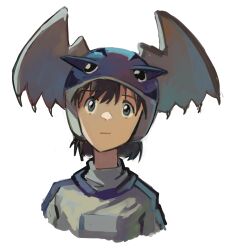 Rule 34 | 1girl, absurdres, alien nine, alternate hair color, black hair, blue eyes, blue helmet, brown hair, cropped torso, helmet, highres, kawamura kumi, kornod, looking at viewer, medium hair, solo, straight-on, upper body, white background, winged helmet
