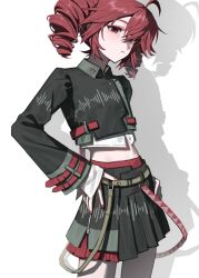 1girl ahoge belt black_shirt black_skirt blush brown_belt closed_mouth collared_shirt cowboy_shot drill_hair expressionless fingernails hair_between_eyes hair_over_one_eye hand_on_own_hip highres kasane_teto kasane_teto_(voicepeak) long_sleeves looking_at_viewer madoka066 pleated_skirt red_belt red_eyes red_hair red_nails red_skirt shadow shirt skirt solo sound_wave standing twin_drills utau voicepeak wing_collar