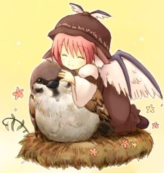 1girl animal animal_ears bad_id bad_pixiv_id bird chibi closed_eyes eijima_moko female_focus flower happy hat hug in_nest mini_person minigirl mystia_lorelei nest pink_hair short_hair smile solo sparrow sparrow_(bird) touhou wings