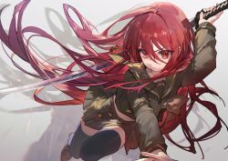1girl ame_jang black_thighhighs flat_chest highres long_hair red_eyes red_hair school_uniform shakugan_no_shana shana skirt solo sword thighhighs very_long_hair weapon