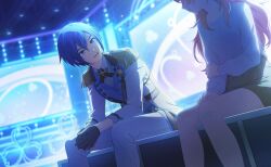 Rule 34 | 1boy, 1girl, backlighting, black gloves, blue eyes, blue hair, collared shirt, colorful palette, dutch angle, epaulettes, eyes out of frame, game cg, gloves, grey shorts, hair between eyes, head out of frame, highres, kaito (vocaloid), looking at another, momoi airi, more more jump! kaito, official art, pink hair, project sekai, re-tie friendship (project sekai), shirt, shorts, sitting, third-party source, tongue, vocaloid, white shirt