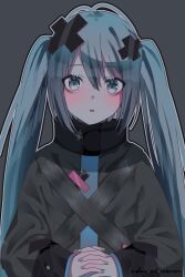 1girl :o belt blue_eyes blue_hair blue_nails blush hair_ornament hatsune_miku high_collar highres interlocked_fingers looking_at_viewer nurimas project_sekai reno_(re_leno) sidelocks solo sparkle twintails upper_body x_hair_ornament