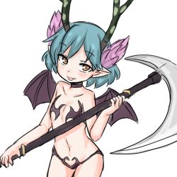 1girl :p antlers aqua_hair blue_hair blush brown_eyes c_(control) choker cosplay demon_girl etna_(disgaea) halloween horns looking_at_viewer pointy_ears q_(control) rori_(4chan) scythe short_hair simple_background solo tongue tongue_out white_background wings
