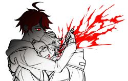 2boys ahoge aotsuki_eito black_hair bleeding blood blood_from_mouth blood_splatter closed_eyes closed_mouth eyebrows glasses highres hood hoodie hug limited_palette male_focus messy_hair multiple_boys red_eyes red_hair smile stab sumino_takumi takumi-g_(hundred_line) the_hundred_line_-last_defense_academy- upper_body white_background