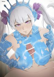 1boy 1girl akobeul armor artist_name bar_censor black_clover blue_armor blush breasts breasts_squeezed_together censored covered_erect_nipples cum cum_in_mouth cum_string grey_hair hair_ribbon hetero highres implied_after_fellatio large_breasts liquid_clothes long_hair looking_at_viewer noelle_silva paizuri penis purple_eyes ribbon solo_focus sweat tiara twintails white_background