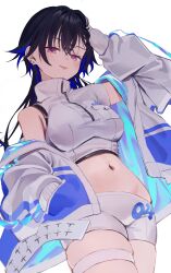 1girl absurdres asymmetrical_sleeves black_hair blush colored_inner_hair cowboy_shot crossed_bangs earrings from_below hair_between_eyes hand_in_pocket hand_on_own_head hashtag-only_commentary high_collar highres ichinose_uruha jacket jewelry long_hair lupinus_virtual_games midriff multicolored_hair navel open_clothes open_jacket purple_eyes shirt shorts shumpi simple_background single_off_shoulder solo thigh_strap tongue tongue_out virtual_youtuber vspo! vspo!_showdown white_background white_jacket white_shirt white_shorts wolf_cut