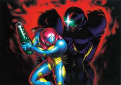 1girl 1other absurdres arm_cannon arm_spikes arm_up armor assault_visor blue_bodysuit blue_visor bodysuit facing_viewer fusion_suit helmet highres menacing metroid metroid_fusion nintendo official_art power_suit_(metroid) sa-x samus_aran science_fiction solo standing varia_suit weapon