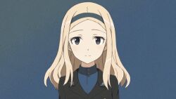 1girl aleksandra_i._pokryshkin animated animated_gif blinking blonde_hair blue_background blue_eyes blush brave_witches hairband keicha_(kmoekaki) long_hair looking_at_viewer military_uniform simple_background smile solo talking upper_body world_witches_series