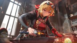 1girl absurdres anvil biittertaste black_coat blacksmith_tongs blonde_hair chest_belt closed_mouth coat commentary cropped_sweater double-parted_bangs earrings english_commentary furnace gloves goggles goggles_on_head hair_between_eyes hairband hammer highres holding holding_hammer holding_tongs hololive hololive_indonesia hood hooded_coat indoors jewelry kaela_kovalskia kaela_kovalskia_(4th_costume) medium_hair official_art open_clothes open_coat pemaloe_(kaela_kovalskia) red-tinted_eyewear red_eyes red_gloves red_hairband red_sweater ribbed_sweater second-party_source single_earring single_sidelock sleeveless sleeveless_sweater smithing solo sweater tinted_eyewear tongs virtual_youtuber