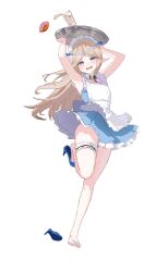 1girl absurdres alternate_costume apron armpits arms_up barefoot blonde_hair blue_dress blue_eyes blue_shoes blush cartethyia_(wuthering_waves) commentary crown_of_thorns cup donut dress drinking_glass english_commentary enmaided feet food frilled_thigh_strap full_body high_heels highres long_hair looking_at_viewer maid maid_headdress milk open_mouth pongdo shoes simple_background sleeveless sleeveless_dress solo tacet_mark_(wuthering_waves) thigh_strap toes white_background wuthering_waves