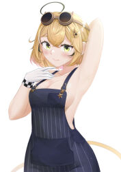1girl absurdres ahoge armpits atpoppet blonde_hair blue_overalls breasts cleavage collarbone commentary dooby_(vtuber) gloves goggles goggles_on_head green_eyes hair_ornament highres indie_virtual_youtuber looking_at_viewer mouse_tail naked_overalls overalls solo steam tail virtual_youtuber white_gloves