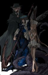 1girl 2boys abigail_williams_(fate) black_hair blonde_hair blue_eyes edmond_dantes_(fate) fate/grand_order fate_(series) fur_trim grey_hair hair_between_eyes hat insect_wings long_hair multiple_boys oberon_(fate) oberon_(third_ascension)_(fate) scythe short_hair source_request standing wings