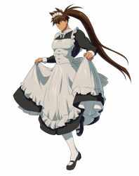 1boy absurdres apron ashensol black_shoes bow brown_eyes brown_hair closed_mouth clothes_lift collared_dress commentary_request covered_abs covered_pectorals crossdressing dress frilled_apron frills guilty_gear highres korean_commentary long_hair long_sleeves maid maid_apron maid_headdress male_focus male_maid mary_janes pantyhose pectorals shoes simple_background skirt skirt_lift sleeve_cuffs sol_badguy solo very_long_hair white_apron white_background white_bow white_pantyhose