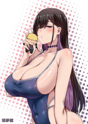 1girl arched_back bare_arms black_hair blue_one-piece_swimsuit blush breasts collarbone colored_inner_hair commentary_request covered_navel darkmaya doll hair_between_eyes heart holding holding_doll large_breasts long_hair looking_at_viewer multicolored_hair one-piece_swimsuit original purple_eyes purple_hair simple_background solo standing swimsuit taut_clothes taut_swimsuit two-tone_hair very_long_hair white_background