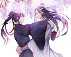 Rule 34 | 2boys, bishounen, black hair, black hanfu, chinese clothes, closed mouth, couple, eye contact, floating hair, flower, from side, hair ribbon, hanfu, headband, high ponytail, highres, holding, holding jug, hug, jug (bottle), jujeop, korean commentary, lan wangji, long hair, long sleeves, looking at another, male focus, modao zushi, multiple boys, ponytail, profile, purple eyes, purple flower, red ribbon, ribbon, robe, sash, sidelocks, smile, sparkle, standing, topknot, upper body, very long hair, wei wuxian, white background, white hanfu, white headband, wide sleeves, wisteria, xiao guan (headdress), yaoi, yellow eyes