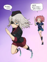Rule 34 | 10s, amputee, black hat, black jacket, black necktie, blue eyes, blue footwear, blue skirt, brown eyes, closed mouth, dress shirt, emblem, eyepatch, full body, garrison cap, girls und panzer, gradient background, hat, itsumi erika, jacket, kingsman: the secret service, kuromorimine military uniform, long sleeves, military, military hat, miniskirt, motion blur, necktie, no legwear, open mouth, parody, parted bangs, pleated skirt, prosthesis, red hair, red shirt, red skirt, rosehip (girls und panzer), running, school uniform, shirt, shoes, short hair, skirt, sleeves rolled up, sneakers, st. gloriana&#039;s school uniform, sweatdrop, sweater, wata do chinkuru, white shirt