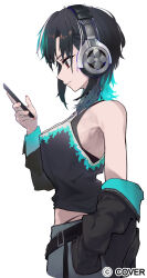 1girl absurdres alternate_costume belt black_belt black_hair black_jacket black_tank_top blue_hair blue_jacket blue_pants closed_mouth colored_inner_hair commentary_request copyright_notice denim fingernails flame_print from_behind full_body hand_up headphones highleg highres holding holding_phone hololive hololive_dev_is jacket jacket_partially_removed jeans jewelry medium_hair midriff multicolored_hair necklace official_art pants panty_straps phone purple_hair red_eyes rindo_chihaya sauce_darusungi simple_background single_sleeve_past_fingers solo streaked_hair tank_top two-sided_fabric two-sided_jacket virtual_youtuber white_background white_hair