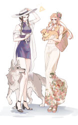 Rule 34 | 2girls, alternate universe, animal, bag, bare shoulders, black shoes, blonde hair, blue eyes, breasts, brown bag, brown hair, brown shoes, crop top, dog, dress, earrings, floral print, flower, full body, gold earrings, hair bun, hair flower, hair ornament, hair ribbon, hand on headwear, hat, highres, holding, holding animal, holding dog, jewelry, kurokawa karasu, long hair, long skirt, medium breasts, midriff, multiple girls, navel, nintendo, parted bangs, parted lips, pink flower, pink shirt, platform sandals, pointy ears, princess zelda, print skirt, purple dress, ribbon, sandals, shawl, shirt, shoes, short dress, shoulder bag, side slit, sidelocks, skirt, strappy heels, sun hat, the legend of zelda, the legend of zelda: ocarina of time, the legend of zelda: twilight princess, tongue, tongue out, triforce, white background, white hat, white ribbon, white shawl, wolf