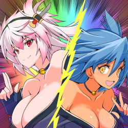 2girls alternate_costume asahi blue_hair breasts character_request dark-skinned_female dark_skin female_focus fingerless_gloves fuuma_aki gloves heterochromia huge_breasts japanese_clothes katana kimono lilith-soft long_hair looking_at_viewer multiple_girls no_bra official_alternate_costume open_mouth revealing_clothes shiny_skin short_kimono smile sword taimanin_(series) taimanin_rpgx upper_body weapon yellow_eyes