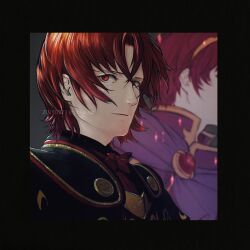 2boys black_border black_shirt border closed_mouth commentary_request dark_persona fire_emblem fire_emblem:_mystery_of_the_emblem fire_emblem_engage hair_between_eyes highres looking_at_viewer male_alear_(fell_dragon)_(fire_emblem) male_alear_(fell_dragon_child)_(fire_emblem) male_alear_(fire_emblem) male_focus marth_(emblem)_(fire_emblem) marth_(fire_emblem) multiple_boys nintendo red_aura red_eyes red_hair shirt short_hair solo_focus tohka_sd