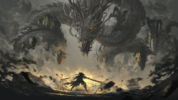 1other absurdres aura character_request chinese_commentary claws cloud commentary_request copyright_request debris dragon dragon_horns eastern_dragon fighting_stance floating_rock glowing glowing_eyes highres holding holding_sword holding_weapon horns impasto leo-dont-want-to-be-a-painter long_hair open_mouth orange_eyes outdoors sword weapon whiskers