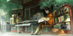2girls backpack bag black_cat black_hair black_shoes cat closed_eyes closed_mouth commentary english_commentary facing_away highres holding holding_newspaper medium_hair multiple_girls newspaper on_chair orange_cat orange_shirt original outdoors plant potted_plant reading sanse_(sssei_33) shelf shirt shoes short_sleeves socks storefront tree white_socks yellow_bag