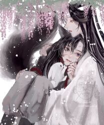 Rule 34 | 2boys, animal, animal ears, bishounen, black boots, black hair, black hanfu, boots, carrying, chinese clothes, closed mouth, couple, dirty, dirty face, eyelashes, fang, fang out, fangs, flower, fox boy, fox ears, fox tail, grey pants, hanfu, headband, highres, holding, holding animal, holding rabbit, hug, kemonomimi mode, lan wangji, leaf, long hair, long sleeves, looking at another, looking at viewer, male focus, modao zushi, multiple boys, ojisan rbt, pants, parted lips, pink flower, ponytail, princess carry, purple eyes, rabbit, robe, snow, snowing, tail, twitter username, watermark, wei wuxian, white hanfu, white headband, white rabbit (animal), wide sleeves, wisteria, yaoi, yellow eyes