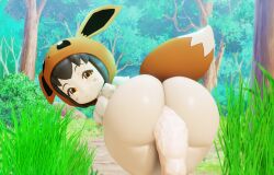 1boy 1girl 3d anal asian ass birch_tree black_hair colored_skin cosplay doggystyle ears eevee_(cosplay) flat_chest forest grass highres hood huge_ass karasakikiro kyojiri_loli large_penis loli nature neck nintendo orange_eyes penis pokemon rock sex sex_from_behind shiny_skin smirk smug tagme tail tail_ornament tree white_fur white_skin