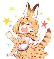 10s 1girl ;d animal_ears animal_print bare_shoulders belt black_belt black_hair blonde_hair blush bob_cut bow bowtie elbow_gloves eyebrows eyes_visible_through_hair facing_away female_focus frilled_shirt frills fur gloves hair_between_eyes high-waist_skirt highres kemono_friends miniskirt multicolored_clothes multicolored_hair one_eye_closed open_mouth orange_eyes serval_(kemono_friends) serval_tail shirt short_hair simple_background skirt sleeveless sleeveless_shirt smile solo spots star_(symbol) tail teeth tongue two-tone_bow two-tone_bowtie two-tone_hair white_background white_shirt yellow_bow yellow_bowtie yellow_gloves yellow_skirt zunda6
