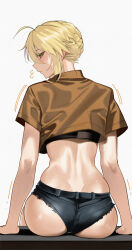 Rule 34 | 1girl, absurdres, ahoge, artoria pendragon (fate), artoria pendragon (lancer) (fate), ass, back, belt, black shorts, black sports bra, blonde hair, blush, braid, breasts, brown shirt, cropped shirt, fate/grand order, fate (series), green eyes, hair between eyes, highres, kamisato sora, large breasts, long hair, looking at viewer, looking back, micro shorts, shirt, short sleeves, shorts, sidelocks, sitting, solo, sports bra