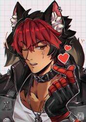 Rule 34 | 1boy, animal ears, black gloves, black jacket, blush, collar, commentary, dog boy, dog ears, dog tail, earrings, english commentary, finger heart, fingerless gloves, gloves, heart, highres, jacket, jewelry, koizo, komano manato, leather, leather jacket, looking at viewer, male focus, multicolored hair, muscular, muscular male, necklace, one eye closed, open mouth, pectorals, scar, scar across eye, scar on chest, scar on face, shoulder spikes, spikes, tail, zenless zone zero