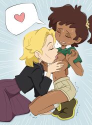 2girls amphibia anne_boonchuy black_jacket blonde_hair blush boots brown_footwear brown_hair clenched_teeth closed_eyes clothes_lift dark-skinned_female dark_skin earrings facial_scar from_side gradient_background green_shirt groping hair_ornament hair_scrunchie heart highres jacket jewelry kneeling leather leather_jacket licking licking_nipple long_skirt multiple_girls nervous nipple_stimulation nipples parted_bangs ponytail purple_skirt sasha_waybright scar scar_on_cheek scar_on_face scrunchie shirt shirt_lift short_hair shorts skirt socks spoken_heart sweat teeth thrumbo_(artist) tongue tongue_out trembling yuri