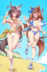 2girls ^^^ absurdres air_groove_(umamusume) alternate_breast_size arm_at_side armband beach beach_umbrella bead_necklace beads bikini blue_eyes blush bouncing_breasts bow braid breast_slip breasts brown_hair cameltoe censored censored_nipples clenched_teeth commission convenient_censoring day embarrassed eyes_visible_through_hair flower foot_up front-tie_bikini_top front-tie_top full_body groin hair_between_eyes hair_bow hair_flower hair_ornament hand_up highres horizon horse_girl huge_breasts jewelry large_breasts long_hair looking_down medium_hair mosaic_censoring motion_blur multiple_girls navel necklace ocean one_breast_out outdoors parted_bangs parted_lips pixiv_commission running sand sandals shiny_skin side-tie_bikini_bottom skindentation stomach super_creek_(umamusume) surprised swimsuit teeth thigh_strap toes umamusume umbrella unaligned_breasts very_long_hair wardrobe_malfunction wb_(dl4239dl)