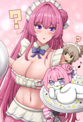 1girl ? apron arm_strap bare_shoulders breasts cleavage commentary detached_sleeves doro_(nikke) dorothy_(nikke) english_commentary goddess_of_victory:_nikke hair_bun highres holding holding_tray large_breasts long_hair looking_at_another maid maid_headdress midriff navel pink_hair purple_eyes rabbitttt revealing_clothes single_side_bun spoken_question_mark surprised tray waist_apron white_apron