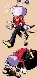 1boy all_fours ant_tenna black_pants blush_stickers coffee crt deltarune full_body gloves highres long_nose male_focus musical_note necktie object_head pants pointy_nose shoes single_blush_sticker smile solo spill tailcoat vn35214 white_gloves yellow_necktie yellow_shoes