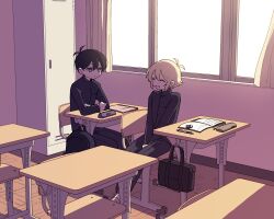 Rule 34 | 2boys, ^ ^, alternate costume, antenna hair, backpack, bag, basil (faraway) (omori), basil (omori), black eyes, black hair, black pants, blonde hair, bright pupils, chair, classroom, closed eyes, closed mouth, desk, duffel bag, eraser, highres, indoors, kiimorisame, long sleeves, looking at another, male focus, mechanical pencil, multiple boys, notebook, omori, open mouth, pants, pencil, school chair, school desk, school uniform, short hair, sitting, smile, sunny (omori), unworn backpack, unworn bag, white pupils