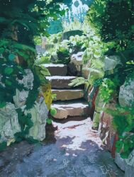 absurdres commentary_request fern green_theme highres leaf makoto_bga no_humans original outdoors painterly plant rock scenery sky stairs stone_stairs tree