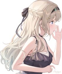 1girl absurdres alternate_costume bare_shoulders black_bow black_hairband black_shirt blonde_hair blue_eyes blue_pupils bow breasts cleavage commentary english_commentary firefly_(honkai:_star_rail) from_side gradient_hair hair_bow hairband hand_up harukix highres honkai:_star_rail honkai_(series) large_breasts light_blush long_hair looking_ahead multicolored_eyes multicolored_hair open_mouth profile shirt sidelocks signature simple_background solo white_background
