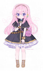 1girl aged_down animal_bag ankle_boots belt black_capelet black_dress blue_eyes boots brown_boots capelet choker colored_eyelashes d_omm dress full_body headset highres lace-up_boots long_hair looking_at_viewer megurine_luka petticoat pink_hair simple_background solo standing vocaloid white_background wrist_cuffs