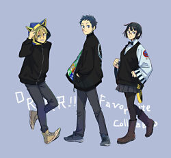 Rule 34 | 1girl, 2boys, animal hood, bag, black bow, black bowtie, black hair, black jacket, black pants, black pantyhose, black vest, blonde hair, blue background, blue eyes, boots, bow, bowtie, cat hood, copyright name, durarara!!, english text, fashion, full body, glasses, grin, hood, hoodie, jacket, kida masaomi, looking at viewer, multiple boys, pants, pantyhose, raikou (symposion), red eyes, road sign, ryuugamine mikado, shoes, short hair, shoulder bag, sign, skirt, smile, sneakers, sonohara anri, stop sign, vest, yellow eyes