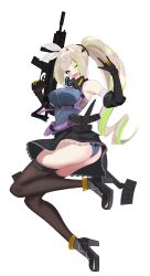 1girl absurdres aqua_eyes ass assault_rifle black_gloves black_skirt black_thighhighs blonde_hair blue_panties boots breasts commentary floating full_body girls&#039;_frontline girls&#039;_frontline_2:_exilium gloves green_hair gun hairband heart high_heel_boots high_heels highres holding holding_gun holding_weapon long_hair looking_at_viewer multicolored_hair ohc. one_eye_closed open_mouth panties rifle robinson_armaments_xcr sharkry_(girls&#039;_frontline_2) side_ponytail simple_background skirt smile solo star-shaped_pupils star_(symbol) streaked_hair symbol-only_commentary symbol-shaped_pupils thighhighs thighs trigger_discipline two-tone_gloves two-tone_hair underwear w weapon white_background white_hairband yellow_gloves