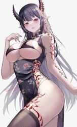 10_plus 1girl bare_shoulders black_hair blush bow breasts china_dress chinese_clothes commission cross-laced_clothes dress earrings full-body_tattoo highres horns jewelry large_breasts long_hair looking_at_viewer nail_polish original pointy_ears purple_eyes simple_background skeb_commission solo star_(symbol) star_earrings tattoo thighhighs thighs twitter_username