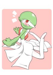 blush bob_cut colored_skin dress gardevoir gen_3_pokemon green_hair green_skin highres kazamidoririnn looking_at_viewer looking_up multicolored_skin nintendo pink_background pink_eyes pokemon pokemon_(creature) simple_background two-tone_skin white_dress white_skin