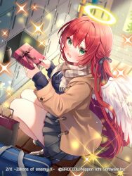 1girl bag black_ribbon black_socks black_sweater blush brown_coat brown_scarf brown_shoes character_request coat commentary_request copyright_notice feathered_wings full_body gift green_eyes grey_skirt hair_between_eyes hair_ribbon halo holding holding_gift locker long_hair long_sleeves official_art open_clothes open_coat open_mouth plaid_clothes plaid_scarf pleated_skirt red_hair ribbon scarf school_bag school_uniform serino_itsuki shoes skirt socks solo sparkle squatting sweater white_wings wings yellow_halo z/x