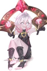 1girl arms_up bare_shoulders black_dress black_shorts black_sleeves black_socks briar_(league_of_legends) claws colored_sclera colored_skin colored_tips detached_sleeves dress eyelashes female_focus full_body gradient_hair grey_skin knees_together_feet_apart knees_up league_of_legends looking_at_viewer medium_hair meemz_a multicolored_hair open_mouth petite pointy_ears red_hair red_sclera sharp_teeth shorts simple_background sitting sleeveless sleeveless_dress smile socks solo stocks teeth toeless_legwear toenails toes two-tone_hair vampire white_background white_eyes white_hair