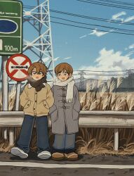 1boy 1girl :d :o black_eyes blue_pants blue_sky blush boots bright_pupils brown_boots brown_hair brown_jacket brown_scarf cloud coat day full_body grey_coat hands_in_pockets highres jacket long_sleeves open_mouth original outdoors pants power_lines road_sign scarf shoes short_hair sign sihyun25 sky smile standing wheat_field white_pupils white_scarf white_shoes